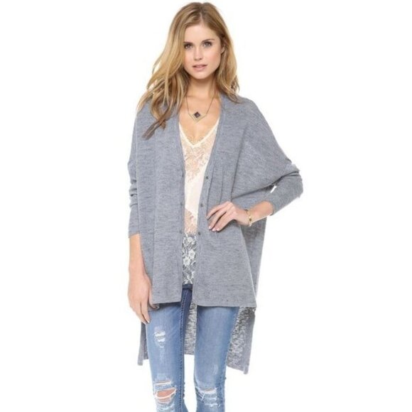 FREE PEOPLE TGIF Hi Lo Oversized Cardigan Blue Gray Drop Shoulder Knit Long Midi - Picture 1 of 8